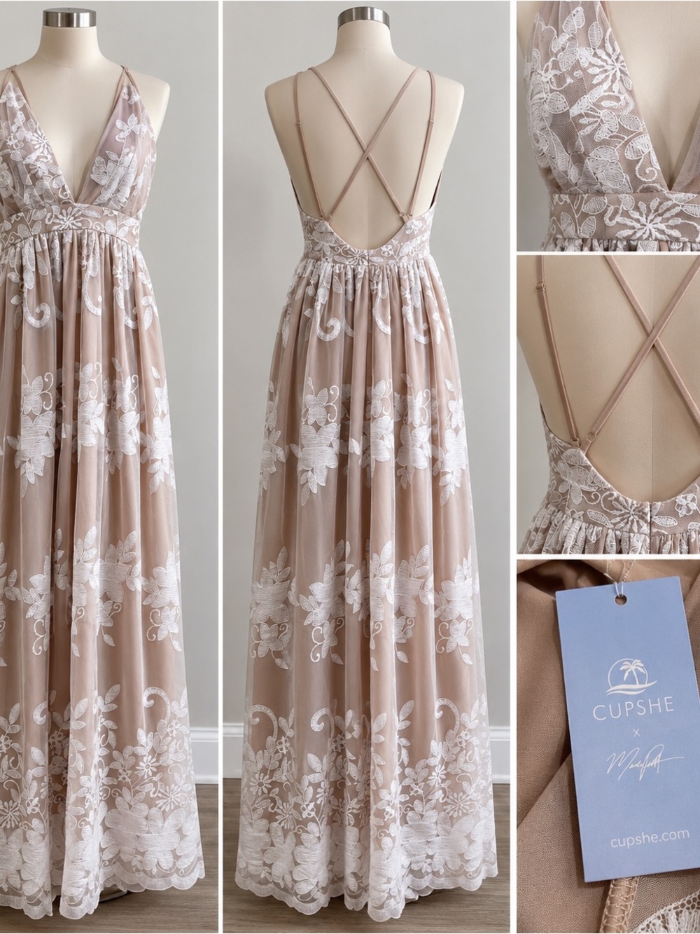 Cupshe Taupe & White Floral Lace Maxi Dress